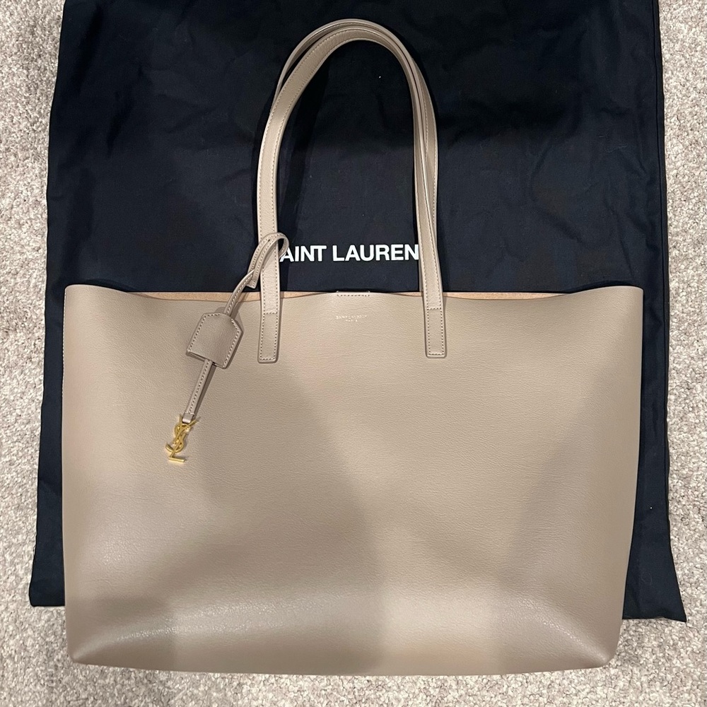 Authentic Yves Saint Laurent Leather Shopping Tote Bag in Dark Beige